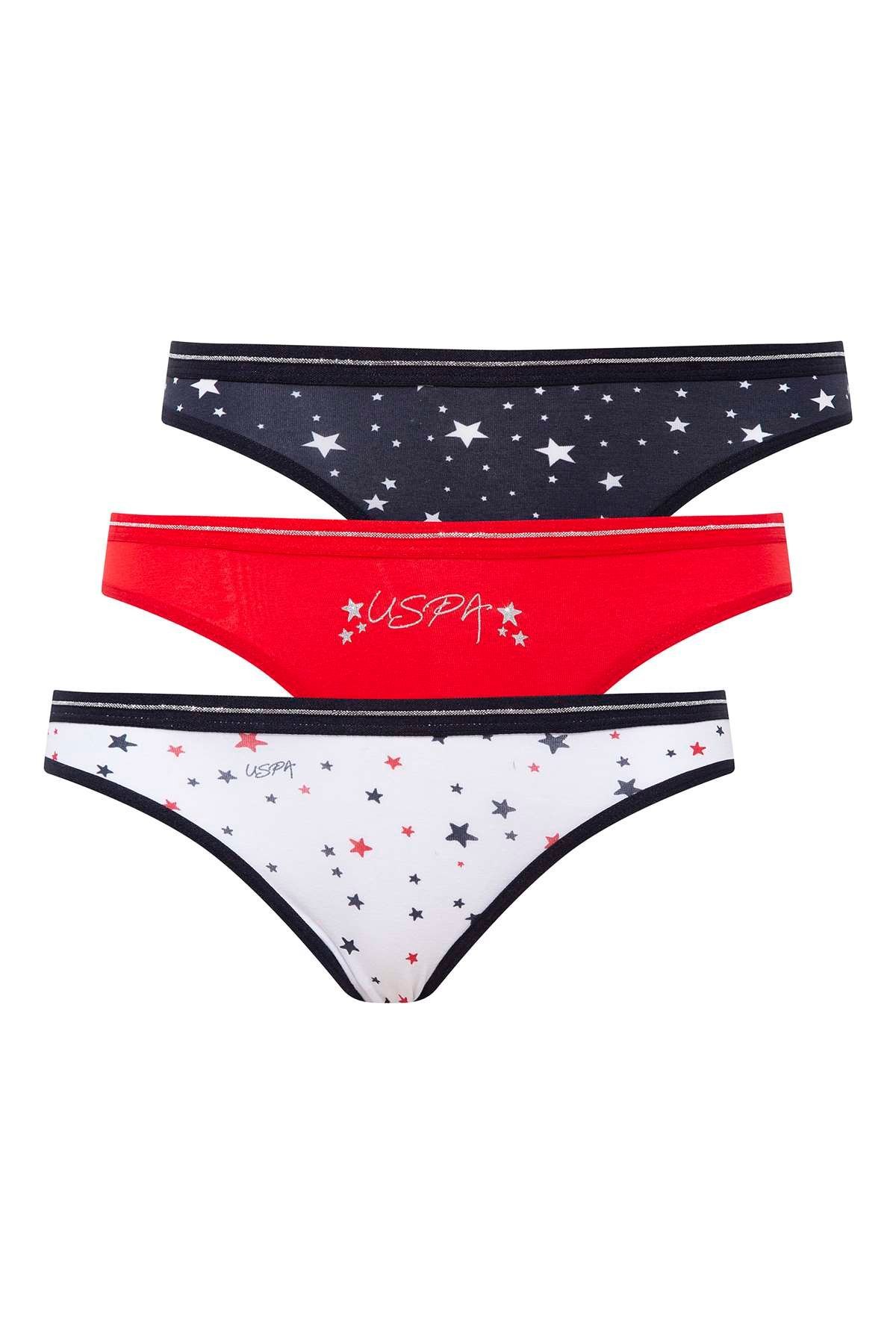 U.S. Polo Assn. 66317, Cotton & Lycra, 3-Pack Women's Bikini Panty Set, White, Red & Navy Blue