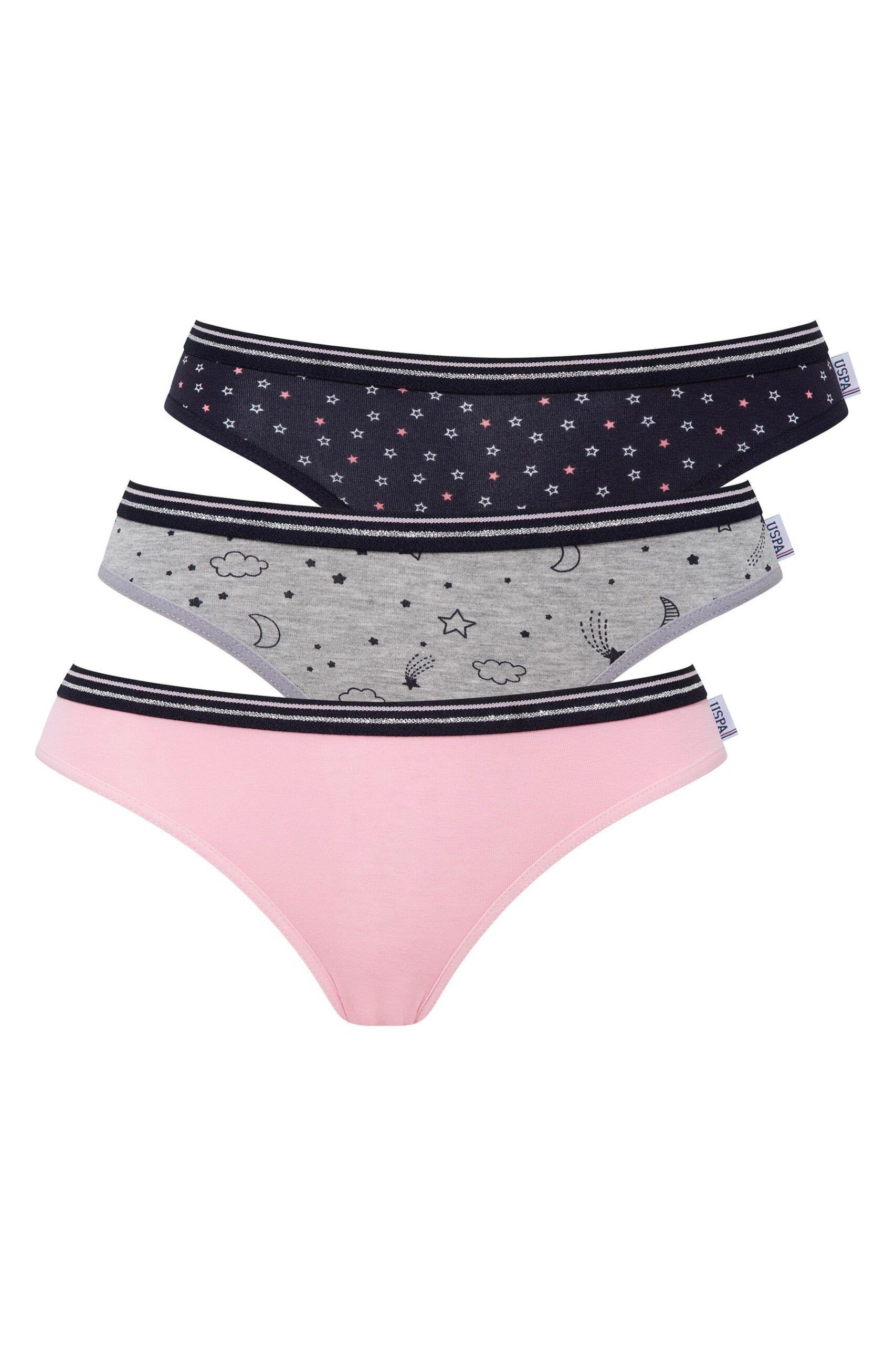U.S. Polo Assn. 66422, Cotton & Lycra, 3-Pack Women's Bikini Panty Set, Pink & Gray & Navy Blue