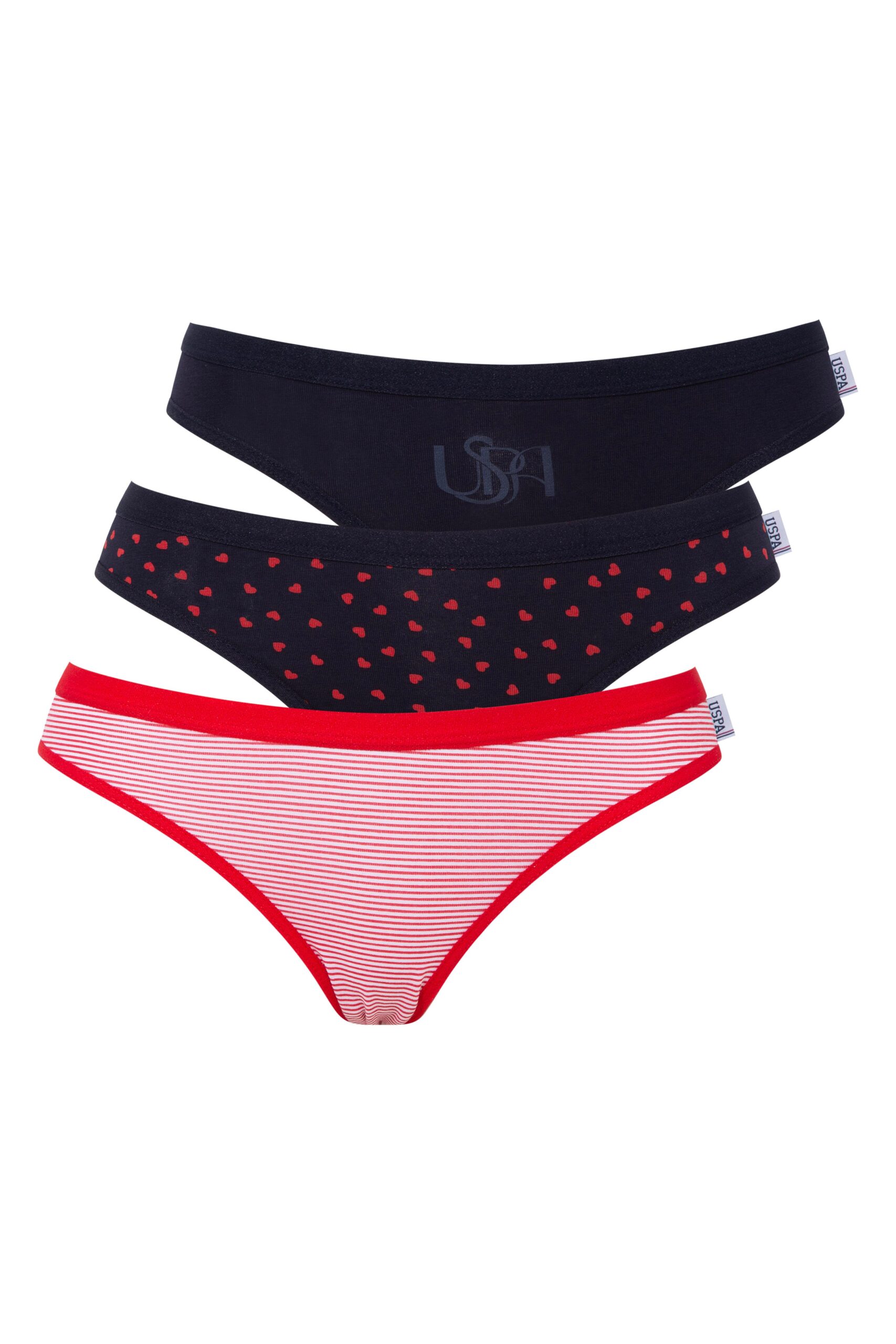 U.S. Polo Assn. 66425, Cotton & Lycra, 3-Pack Women's Bikini Panty Set, Navy Blue & Red Heart Printed