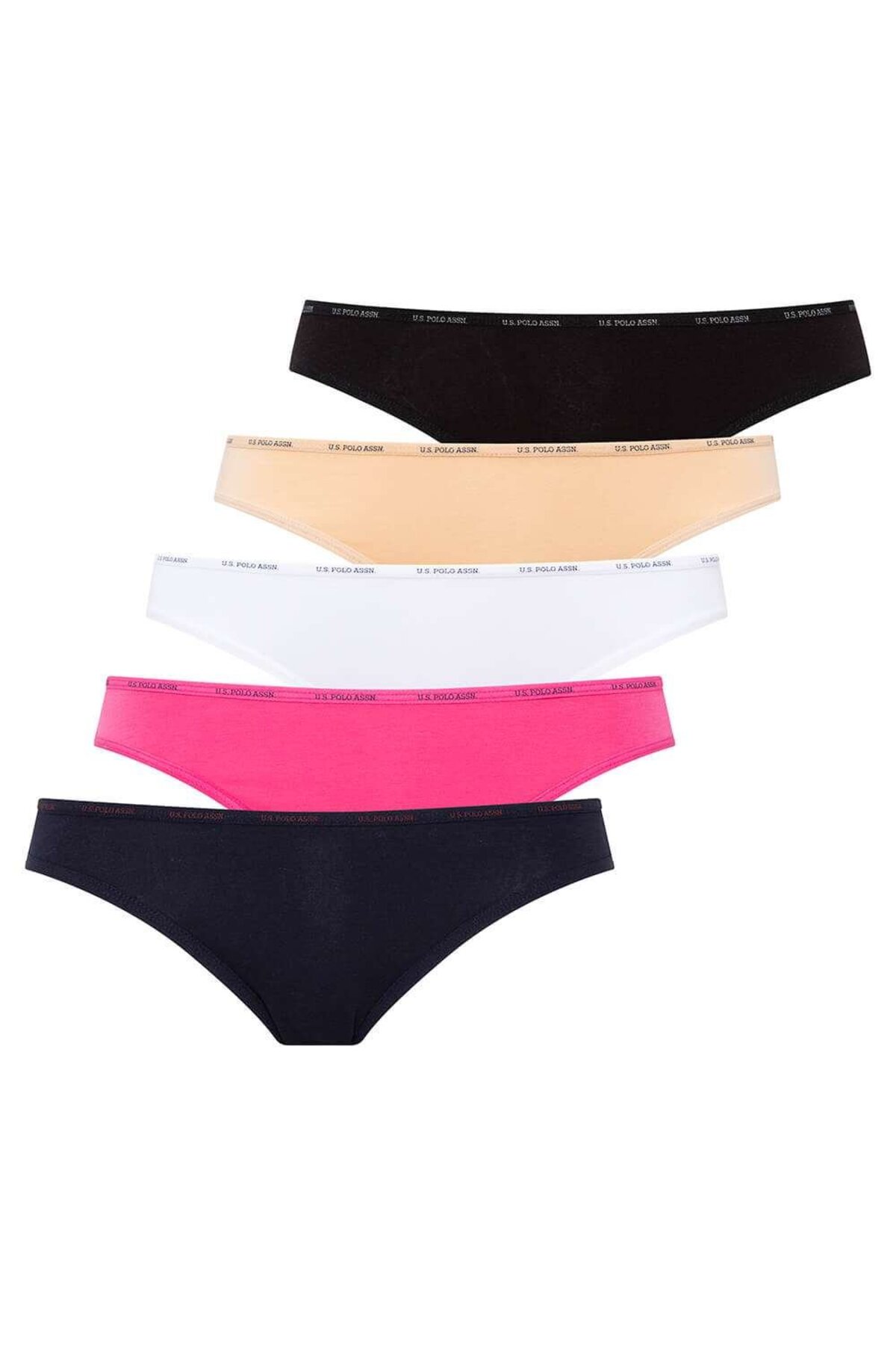 U.S. Polo Assn. 67001, Cotton & Modal & Lycra, 5-Pack, Solid Colors, Women’s Low Waist Brief Set, Black & White & Beige & Fuchsia & Navy Blue