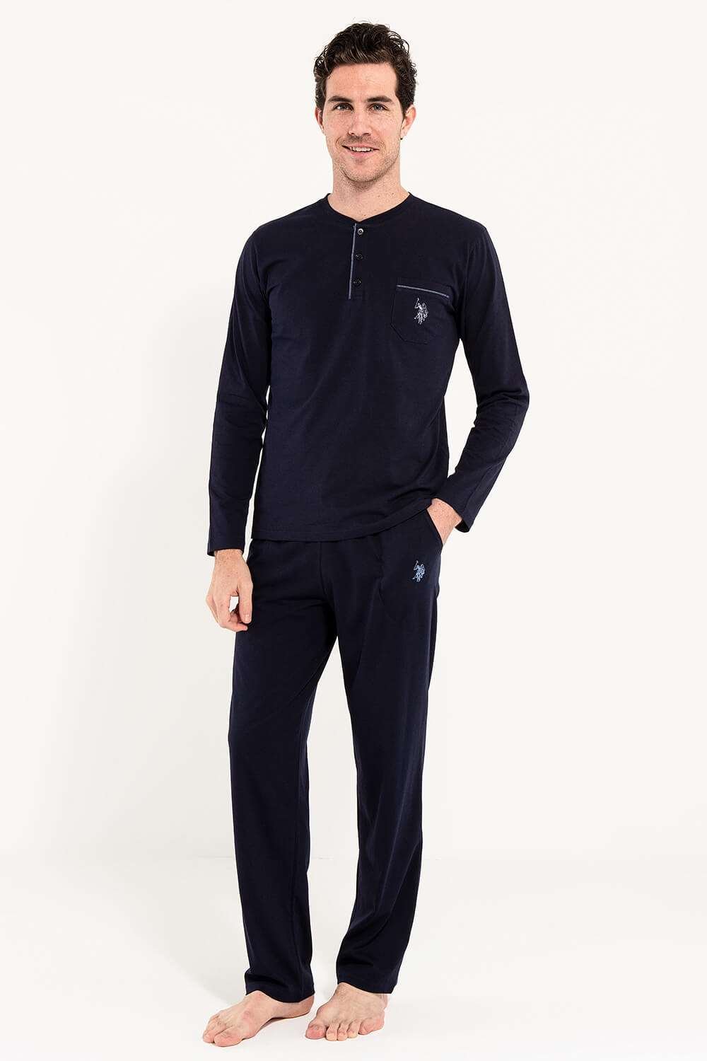 U.S. Polo Assn. Cotton Men’s Pajama Set & Robe & Shorts Set, 5-Piece Set, Navy Blue - Image 3