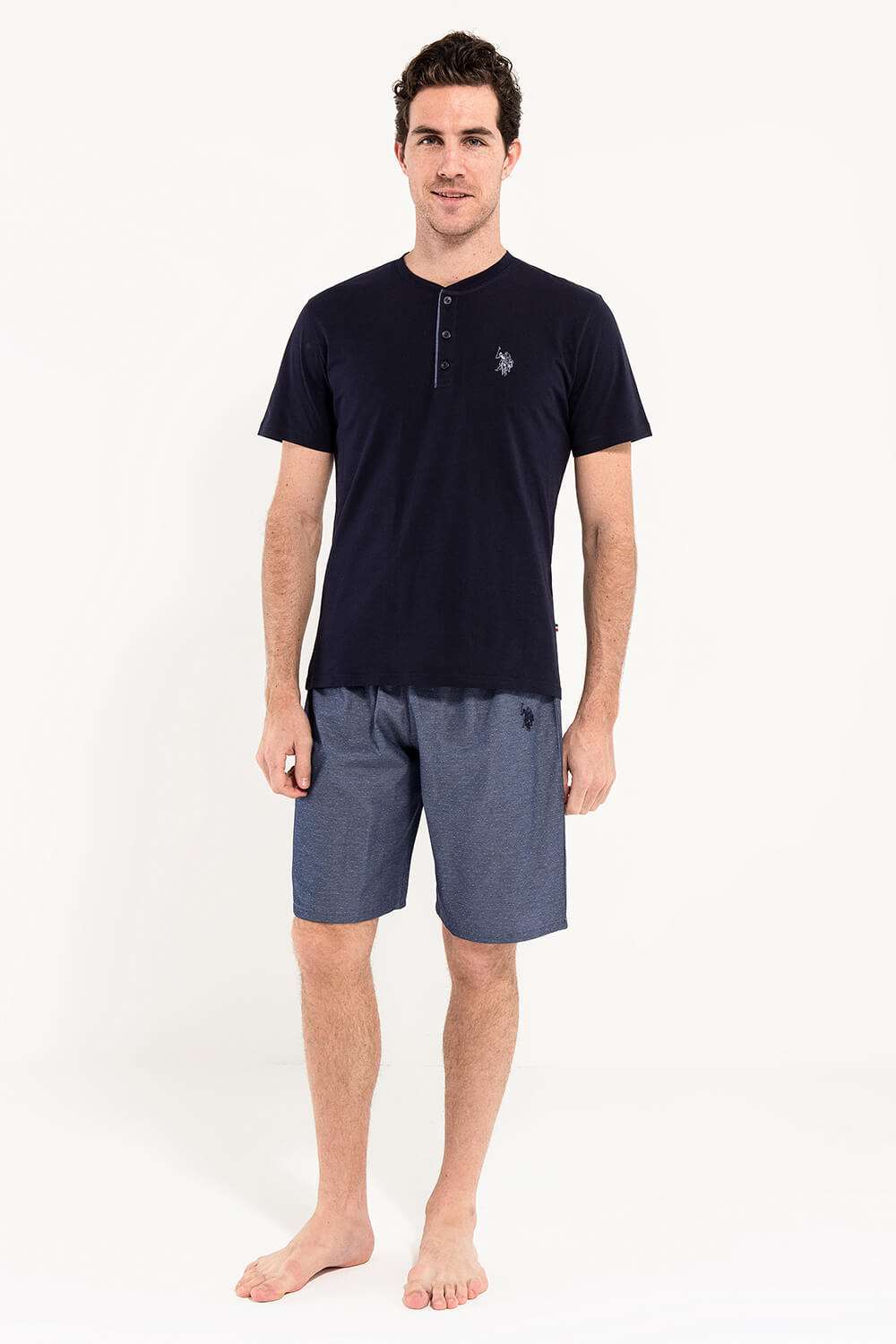 U.S. Polo Assn. Cotton Men’s Pajama Set & Robe & Shorts Set, 5-Piece Set, Navy Blue - Image 4